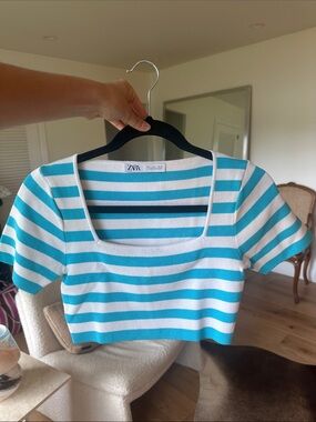 Zara Turquoise & White Striped Square-Neck Crop Top